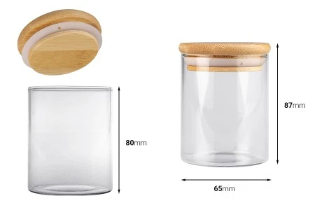 Staklena okrugla tegla 200mL, sa drvenim poklopcem i gumicom-2
