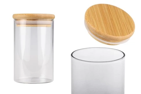 Staklena okrugla tegla 250mL, sa drvenim poklopcem i gumicom-1