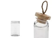 Staklena okrugla teglica 60mL, sa drvenim poklopcem i zakačkom-dimenzije_slike