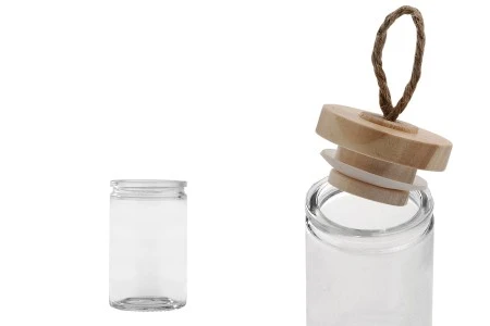 Staklena okrugla teglica 60mL, sa drvenim poklopcem i zakačkom-2