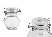 Staklena višeugaona teglica 100mL, sa hermetičkim zatvaranjem (žicom i gumicom na poklopcu)