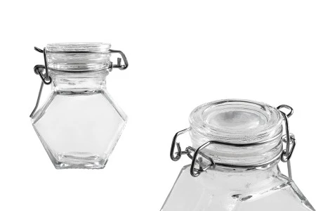 Staklena višeugaona teglica 100mL, sa hermetičkim zatvaranjem (žicom i gumicom na poklopcu)-1