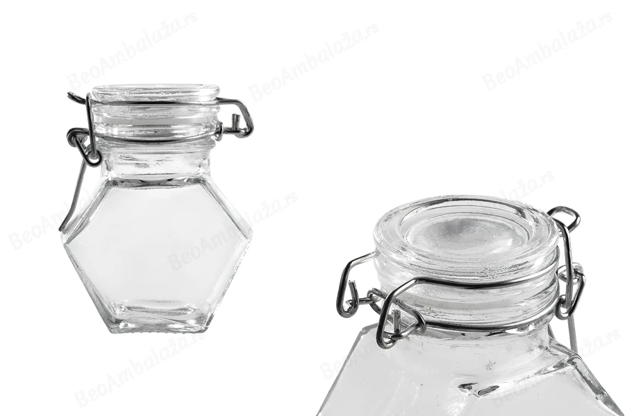 Staklena višeugaona teglica 100mL, sa hermetičkim zatvaranjem (žicom i gumicom na poklopcu)-slika_proizvoda
