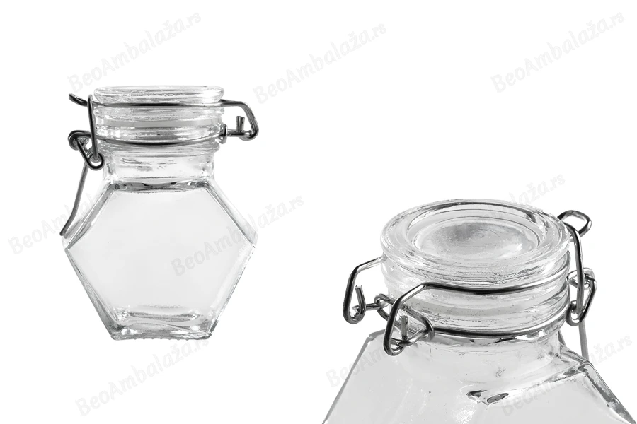 Staklena višeugaona teglica 100mL, sa hermetičkim zatvaranjem (žicom i gumicom na poklopcu)-slika_proizvoda