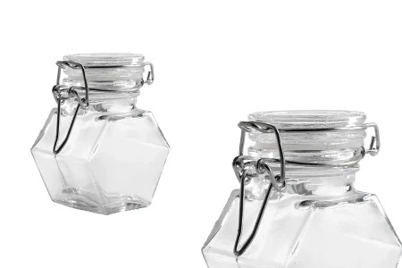 Staklena višeugaona teglica 100mL, sa hermetičkim zatvaranjem (žicom i gumicom na poklopcu)-2