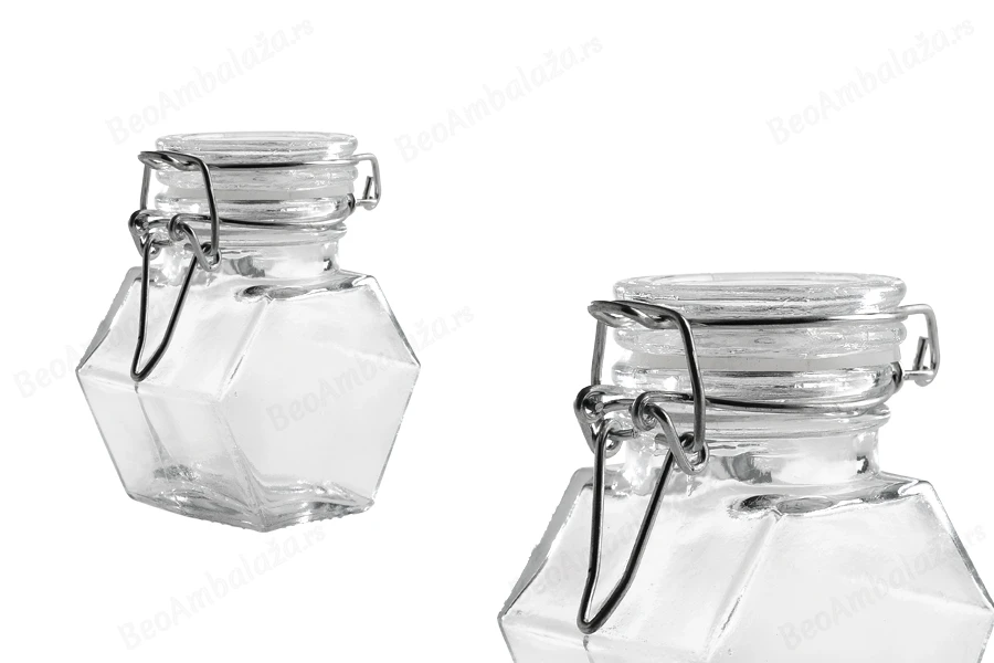 Staklena višeugaona teglica 100mL, sa hermetičkim zatvaranjem (žicom i gumicom na poklopcu)-dimenzije_slike