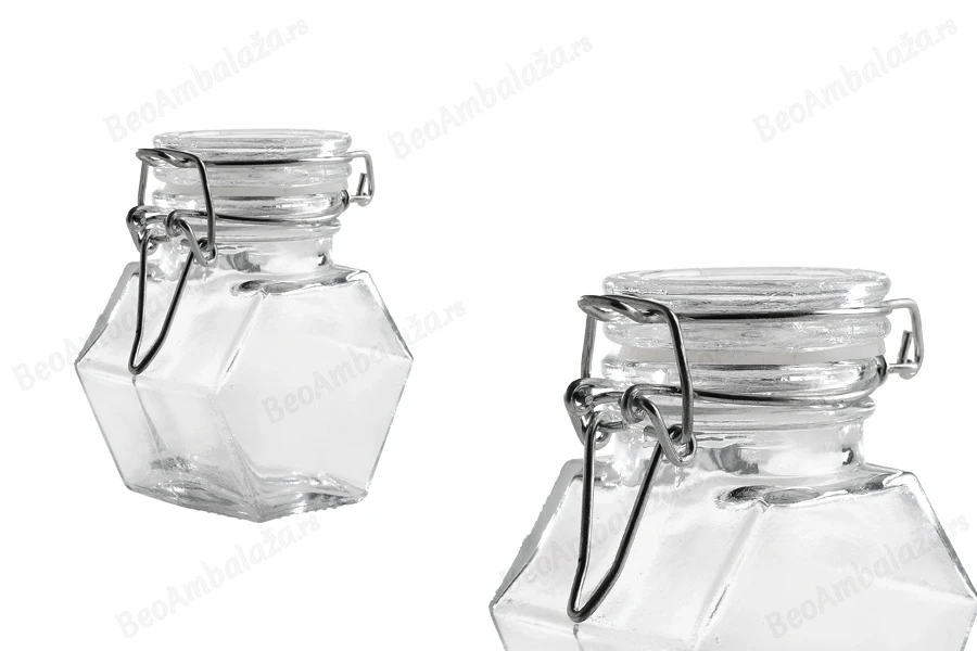 Staklena višeugaona teglica 100mL, sa hermetičkim zatvaranjem (žicom i gumicom na poklopcu)-dimenzije_slike