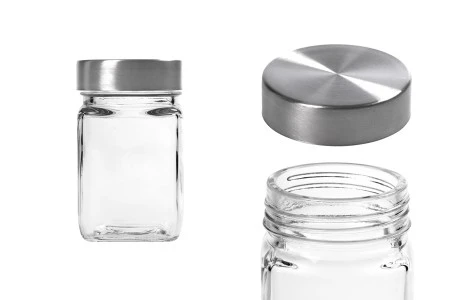 Staklena kockasta teglica 270mL sa srebrnim zatvaračem-1