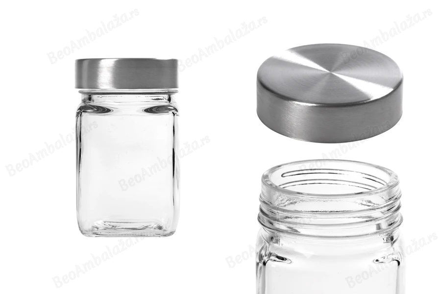 Staklena kockasta teglica 270mL sa srebrnim zatvaračem-slika_proizvoda