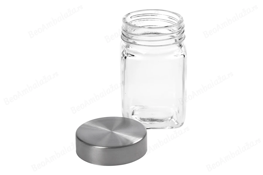 Staklena kockasta teglica 270mL sa srebrnim zatvaračem-grupa_slika