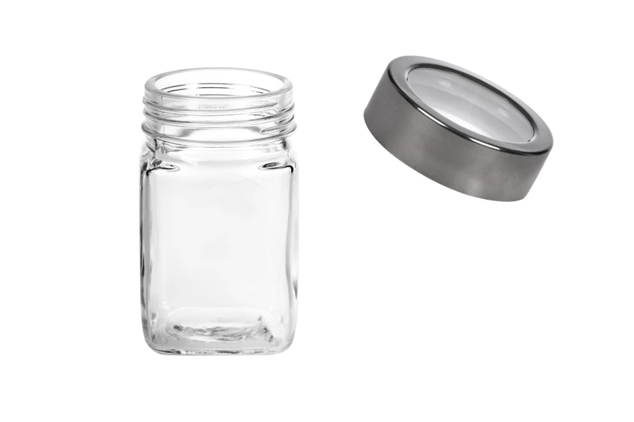 Staklena kockasta teglica 270mL sa srebrno - providnim zatvaračem-dimenzije_slike