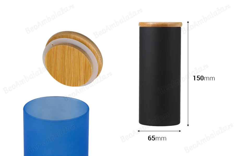 Staklena okrugla teglica 65x150mm, sa drvenim poklopcem sa sigurnosnom gumicom, u više MAT boja-grupa_slika
