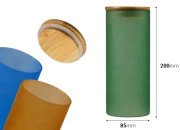 Staklena okrugla tegla 85x200mm, sa drvenim poklopcem sa sigurnosnom gumicom, u raznim MAT bojama Staklena okrugla tegla 85x200mm, sa drvenim poklopcem sa sigurnosnom gumicom, u raznim MAT bojama
