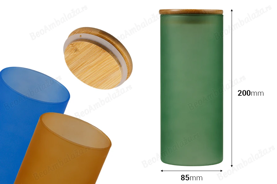 Staklena okrugla tegla 85x200mm, sa drvenim poklopcem sa sigurnosnom gumicom, u raznim MAT bojama-dimenzije_slike