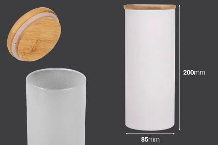 Staklena okrugla tegla 85x200mm, sa drvenim poklopcem sa sigurnosnom gumicom, u raznim bojama-2