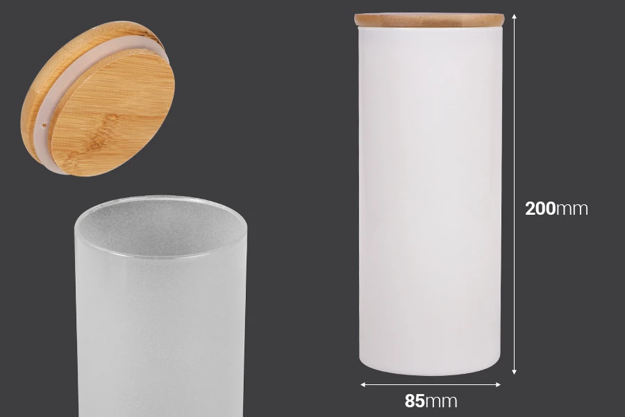 Staklena okrugla tegla 85x200mm, sa drvenim poklopcem sa sigurnosnom gumicom, u raznim bojama Staklena okrugla tegla 85x200mm, sa drvenim poklopcem sa sigurnosnom gumicom, u raznim bojama