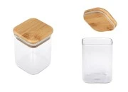 Staklena četvrtasta tegla 200mL sa drvenim poklopcem sa sigurnosnom gumicom-slika_proizvoda