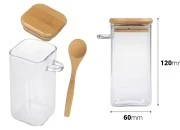 Staklena četvrtasta tegla 310mL, sa drvenom kašikom i poklopcem sa gumicom, 60x120mm-dimenzije_slike