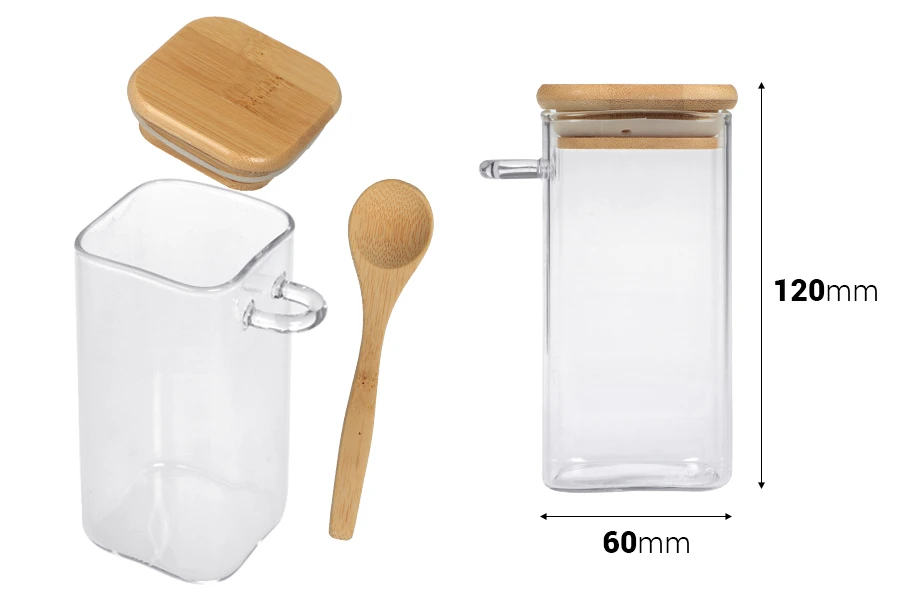 Staklena četvrtasta tegla 310mL, sa drvenom kašikom i poklopcem sa gumicom, 60x120mm-dimenzije_slike