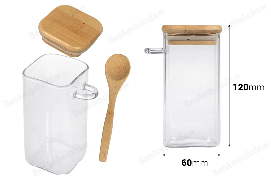 Staklena četvrtasta tegla 310mL, sa drvenom kašikom i poklopcem sa gumicom, 60x120mm-dimenzije_slike