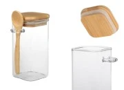 Staklena četvrtasta tegla 310mL, sa drvenom kašikom i poklopcem sa gumicom, 60x120mm-slika_proizvoda