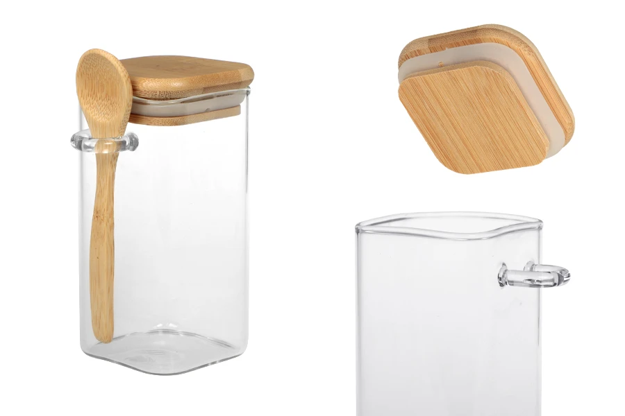 Staklena četvrtasta tegla 310mL, sa drvenom kašikom i poklopcem sa gumicom, 60x120mm-slika_proizvoda