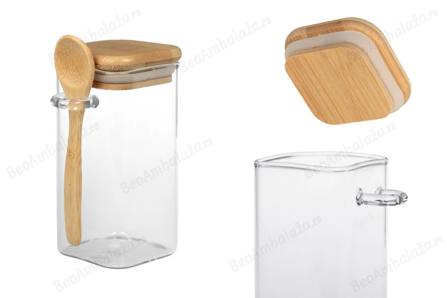 Staklena četvrtasta tegla 310mL, sa drvenom kašikom i poklopcem sa gumicom, 60x120mm-slika_proizvoda