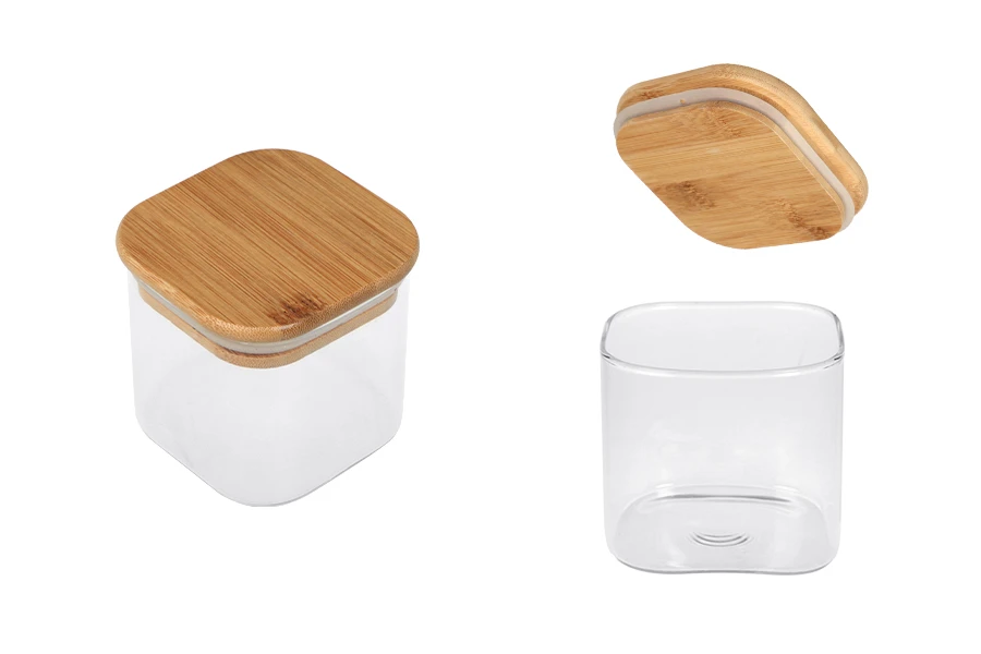 Staklena četvrtasta teglica 250mL sa drvenim poklopcem sa sigurnosnom gumicom-slika_proizvoda