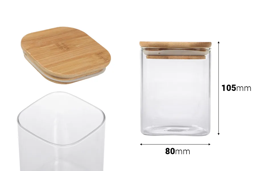 Staklena četvrtasta teglica 410mL sa drvenim poklopcem sa sigurnosnom gumicom-dimenzije_slike