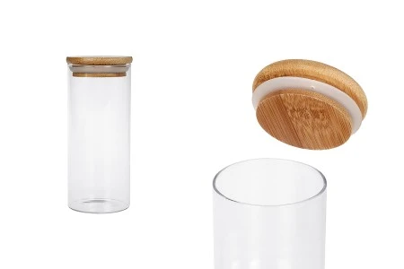 Staklena okrugla tegla 400mL, sa drvenim poklopcem i gumicom-1