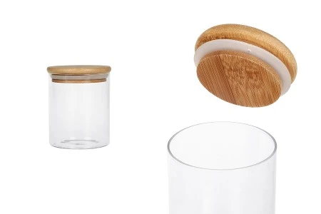 Staklena okrugla tegla 450mL, sa drvenim poklopcem i gumicom-1