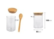 Staklena cilindrična tegla 250mL, sa drvenom kašikom i poklopcem sa gumicom, 65x100mm