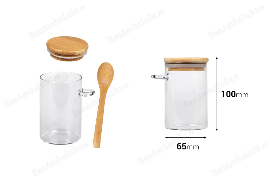 Staklena cilindrična tegla 250mL, sa drvenom kašikom i poklopcem sa gumicom, 65x100mm-dimenzije_slike