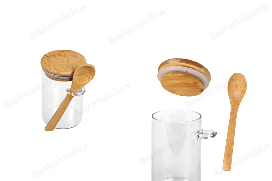 Staklena cilindrična tegla 250mL, sa drvenom kašikom i poklopcem sa gumicom, 65x100mm-slika_proizvoda