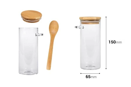 Staklena cilindrična tegla 400mL, sa drvenom kašikom i poklopcem sa gumicom, 65x150mm-2