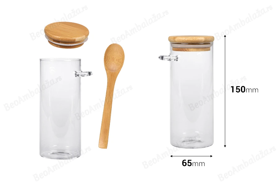 Staklena cilindrična tegla 400mL, sa drvenom kašikom i poklopcem sa gumicom, 65x150mm-dimenzije_slike