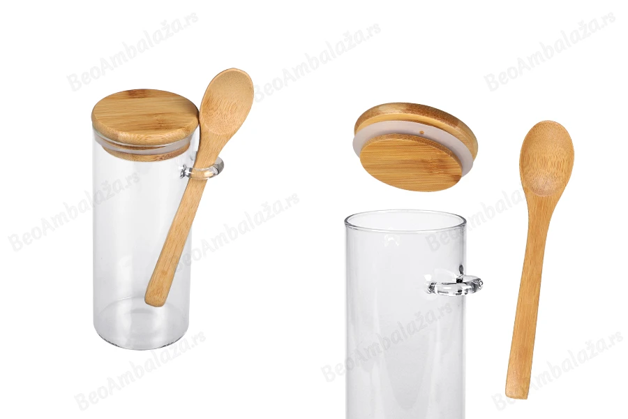 Staklena cilindrična tegla 400mL, sa drvenom kašikom i poklopcem sa gumicom, 65x150mm-slika_proizvoda