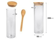 Staklena cilindrična tegla 550mL, sa drvenom kašikom i poklopcem sa gumicom, 65x200mm-dimenzije_slike