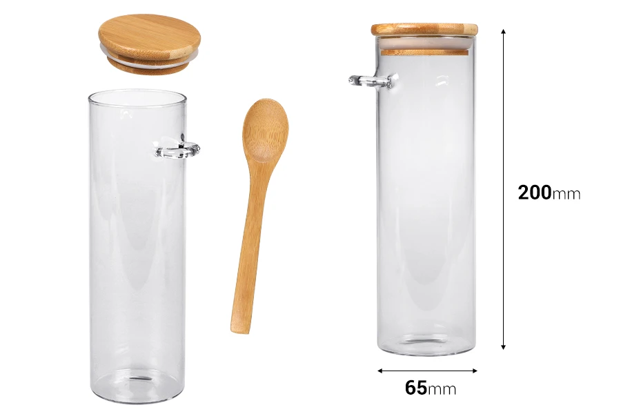 Staklena cilindrična tegla 550mL, sa drvenom kašikom i poklopcem sa gumicom, 65x200mm-dimenzije_slike