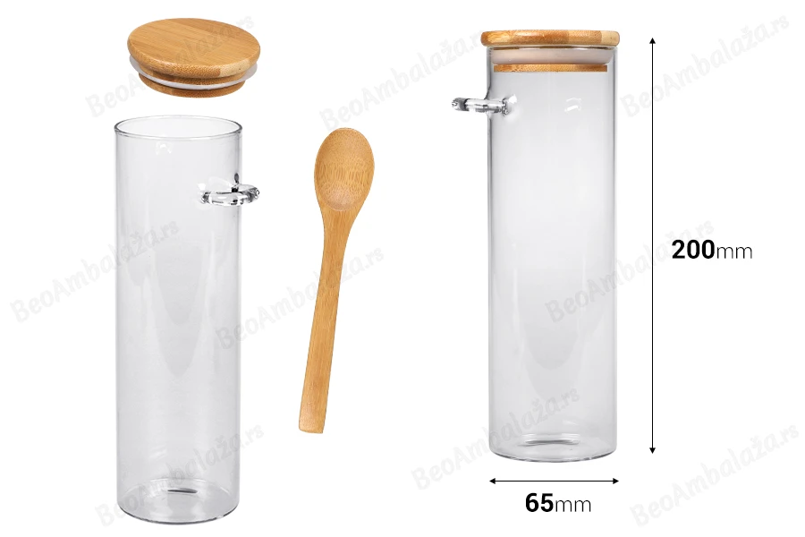 Staklena cilindrična tegla 550mL, sa drvenom kašikom i poklopcem sa gumicom, 65x200mm-dimenzije_slike