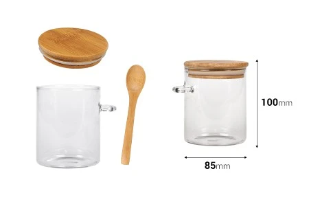 Staklena cilindrična tegla 450mL, sa drvenom kašikom i poklopcem sa gumicom, 85x100mm-2