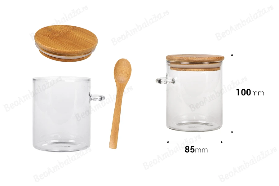 Staklena cilindrična tegla 450mL, sa drvenom kašikom i poklopcem sa gumicom, 85x100mm-dimenzije_slike
