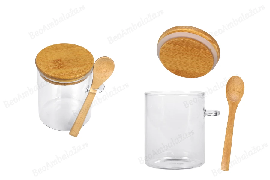 Staklena cilindrična tegla 450mL, sa drvenom kašikom i poklopcem sa gumicom, 85x100mm-slika_proizvoda