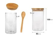 Staklena cilindrična tegla 700mL, sa drvenom kašikom i poklopcem sa gumicom, 85x150mm