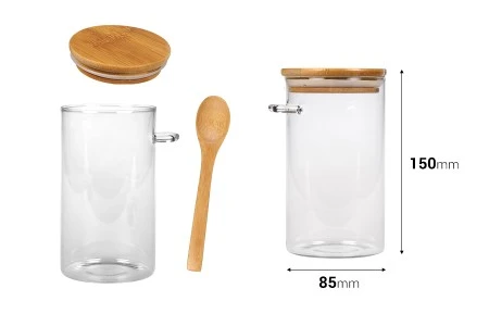 Staklena cilindrična tegla 700mL, sa drvenom kašikom i poklopcem sa gumicom, 85x150mm-2