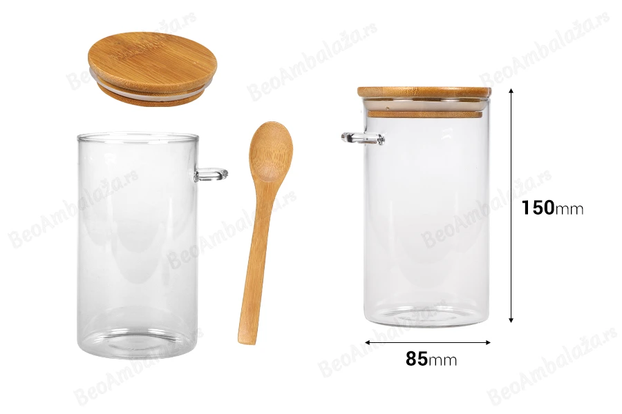 Staklena cilindrična tegla 700mL, sa drvenom kašikom i poklopcem sa gumicom, 85x150mm-dimenzije_slike