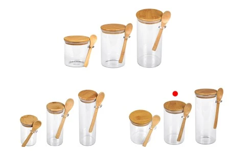 Staklena cilindrična tegla 700mL, sa drvenom kašikom i poklopcem sa gumicom, 85x150mm-3