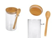 Staklena cilindrična tegla 700mL, sa drvenom kašikom i poklopcem sa gumicom, 85x150mm