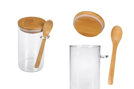 Staklena cilindrična tegla 700mL, sa drvenom kašikom i poklopcem sa gumicom, 85x150mm-1