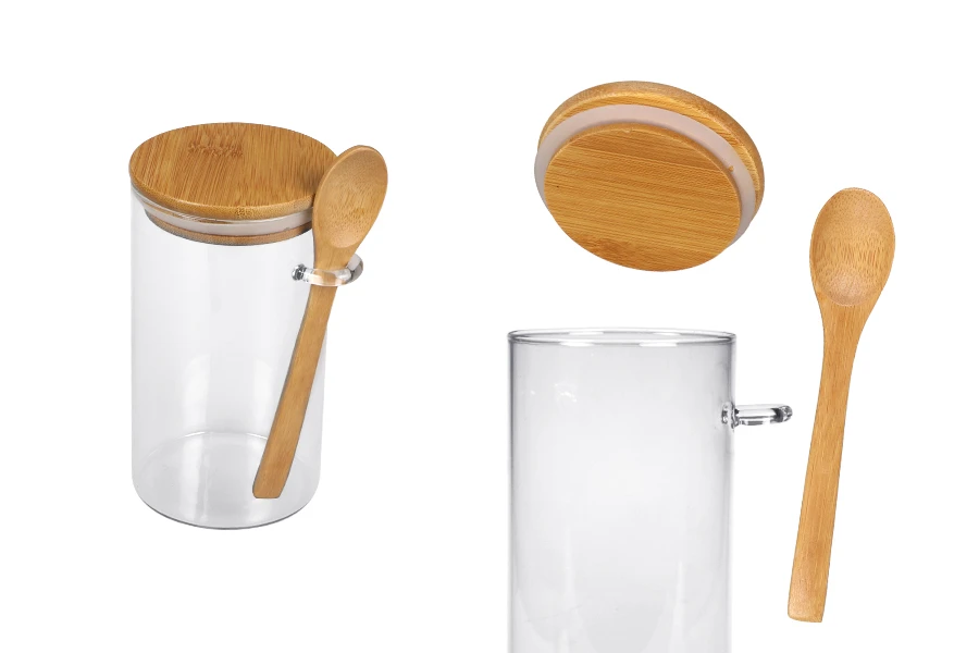 Staklena cilindrična tegla 700mL, sa drvenom kašikom i poklopcem sa gumicom, 85x150mm